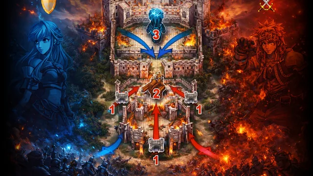 A castle siege map with numbered objectives and red and blue attack routes — key art