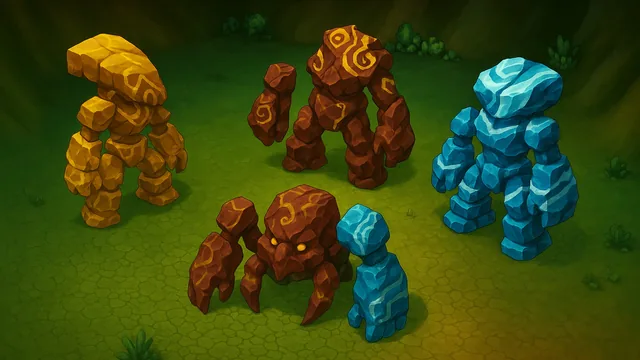 A painted stage: elemental stone golems gathered on a grassy field